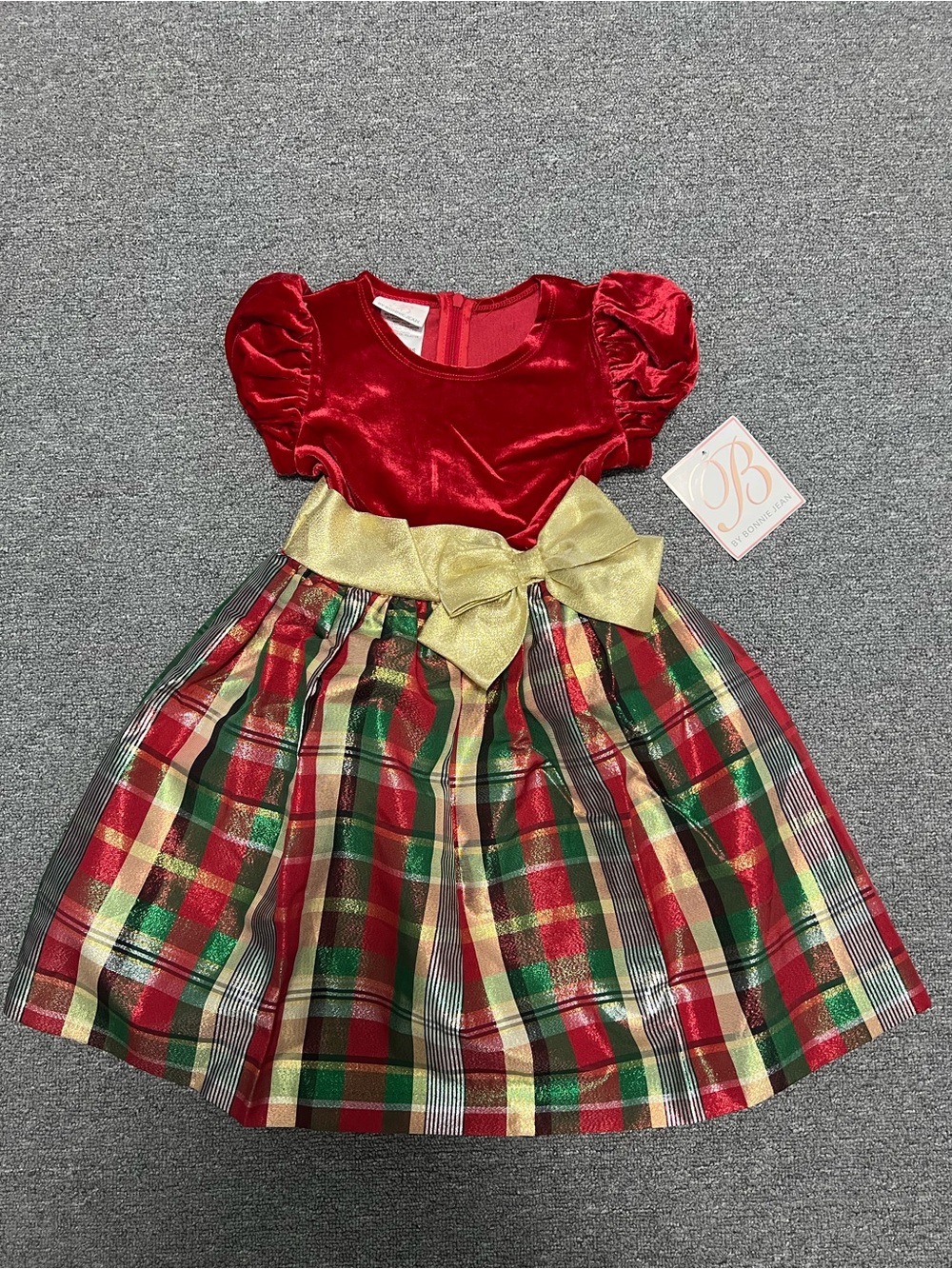 Bonnie Jean Girl’s Red Velvet & Gold Bow Holiday Plaid Dress 6T